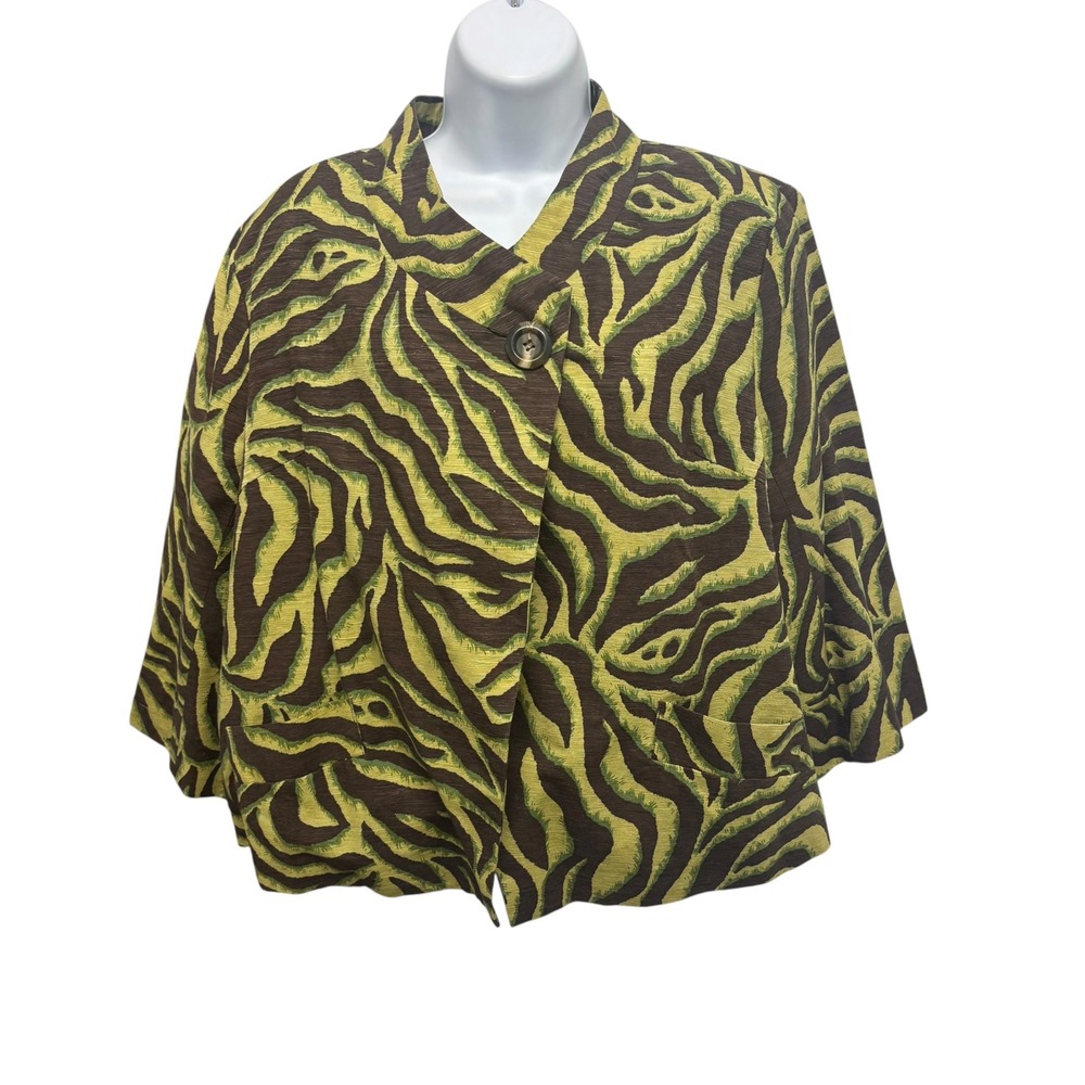 Silkland Womens 100% Silk Zebra Print Jacket Green Brown Boxy Button Front L